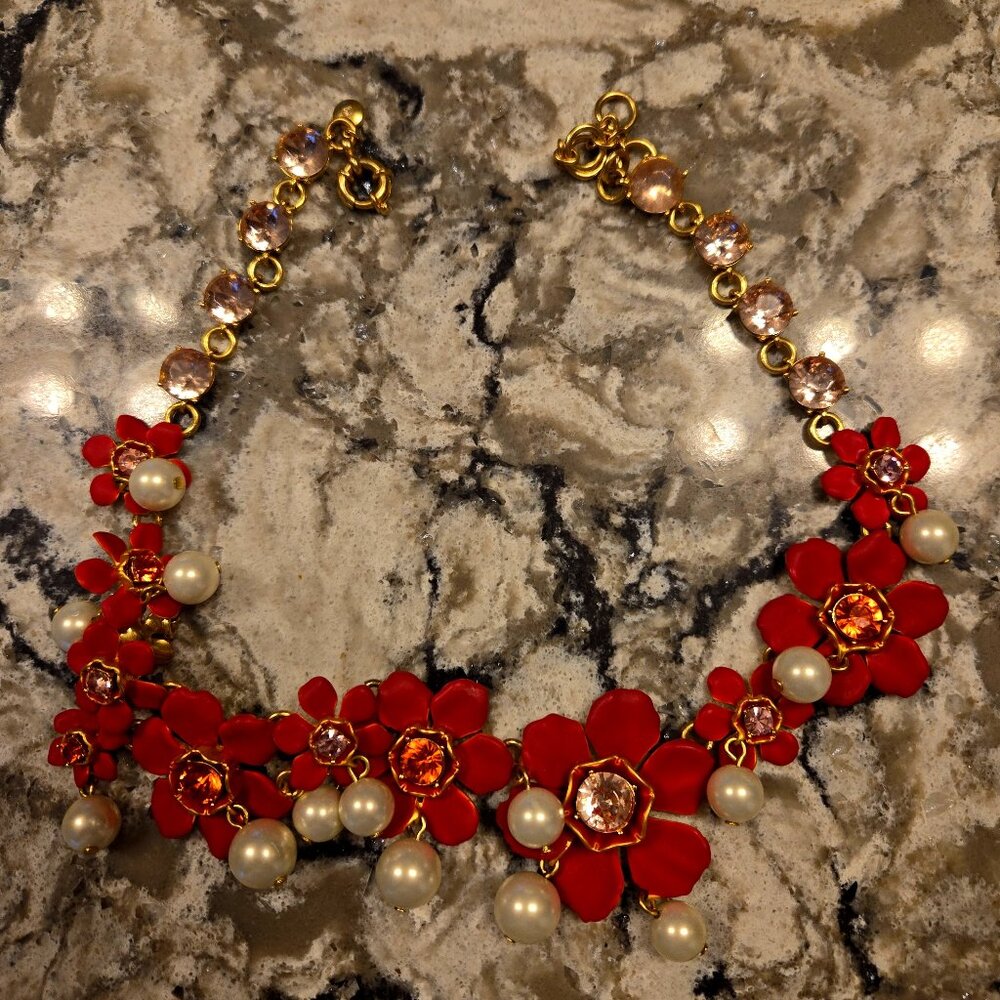 J Crew Red Floral Crystal Necklace